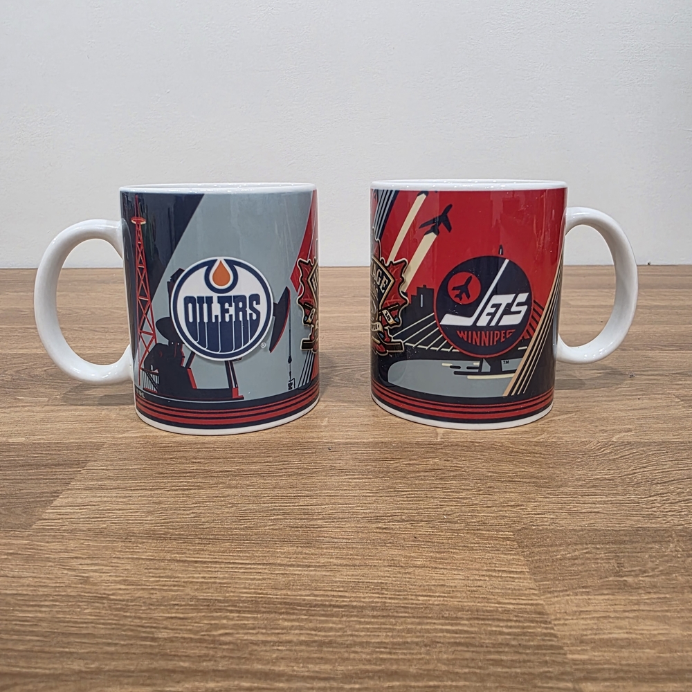 Pair of Edmonton Oilers and Winnipeg Jets NHL mugs - 2016 NHL Heritage Classic